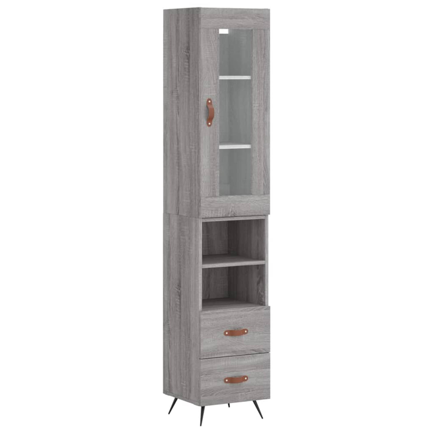 The Living Store-Hoge-kast-34-5x34x180-cm-bewerkt-hout-grijs-sonoma-eikenkleurig - Keukenkast