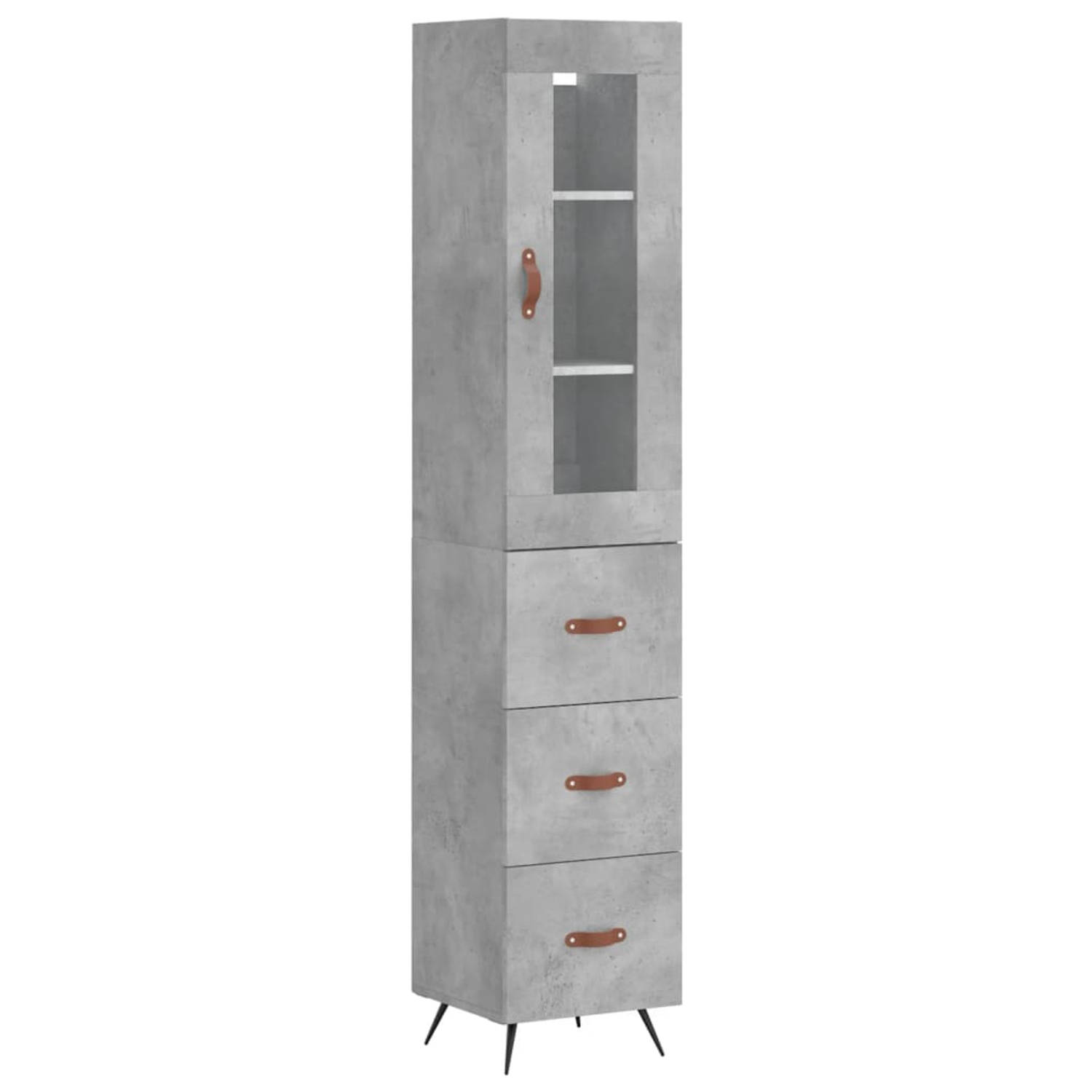 The Living Store Hoge Kast - Betongrijs - Hout/Metaal/Glas - 34.5 x 34 x 180 cm (B x D x H)