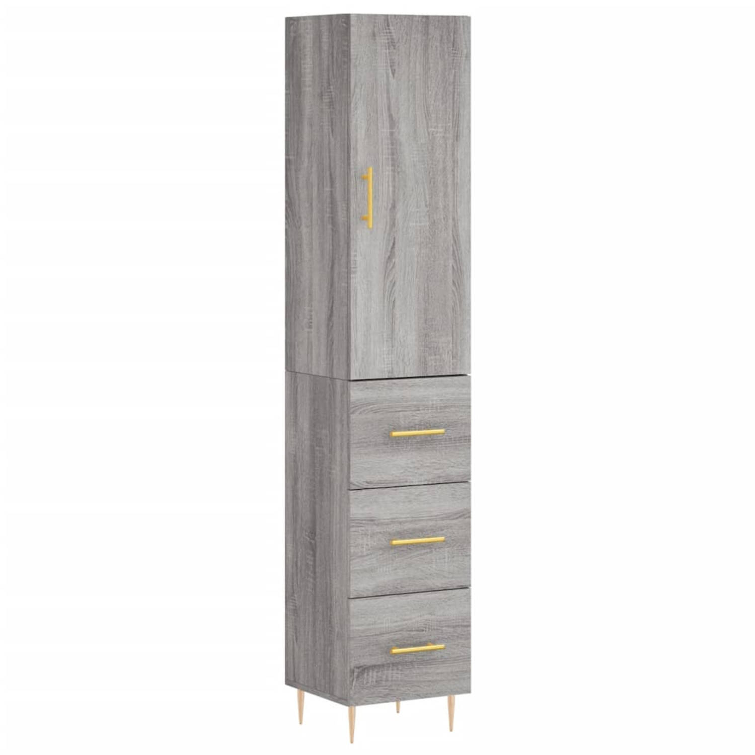 The Living Store-Hoge-kast-34-5x34x180-cm-bewerkt-hout-grijs-sonoma-eikenkleurig - Keukenkast