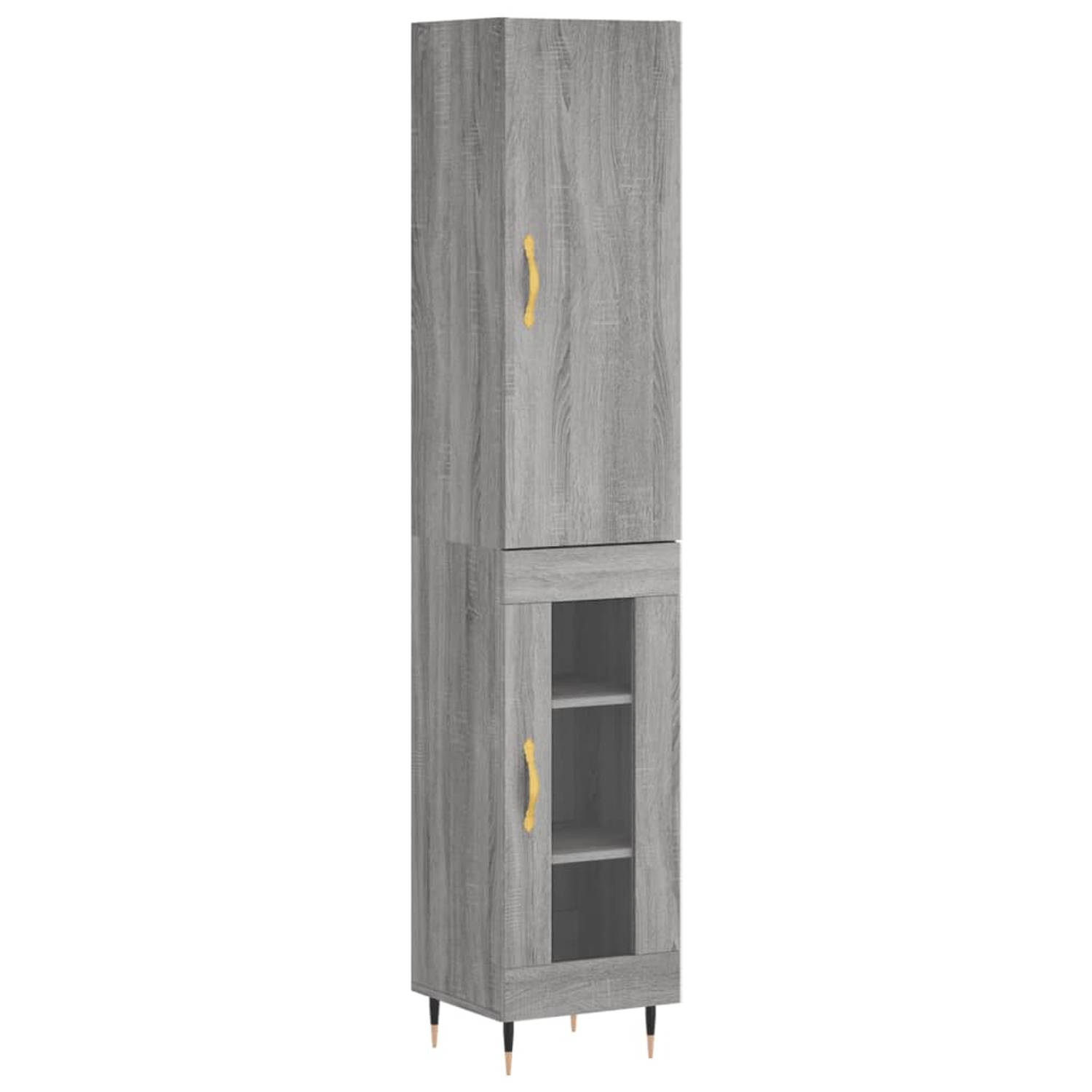 The Living Store-Hoge-kast-34-5x34x180-cm-bewerkt-hout-grijs-sonoma-eikenkleurig - Keukenkast