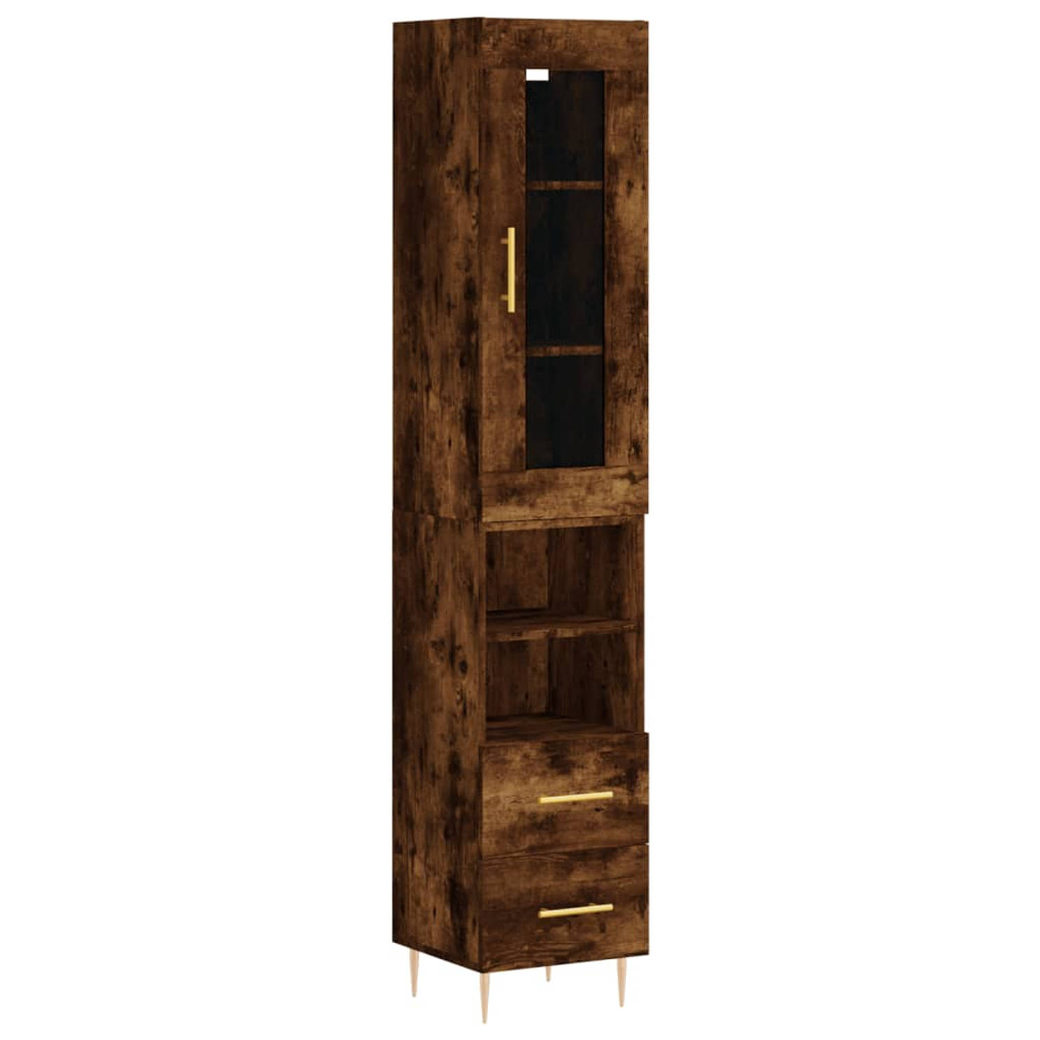 The Living Store-Hoge-kast-34-5x34x180-cm-bewerkt-hout-gerookt-eikenkleurig - Keukenkast