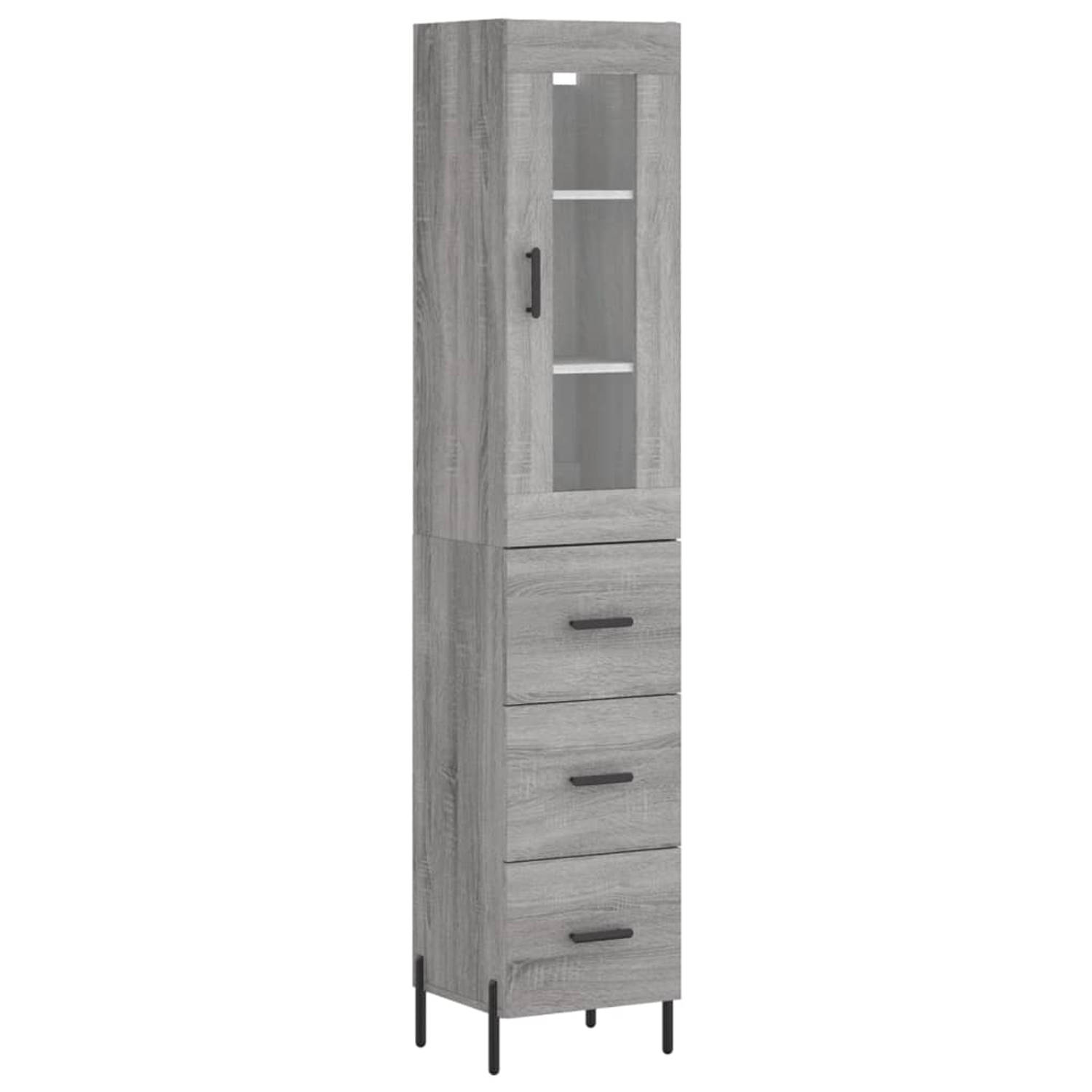 The Living Store-Hoge-kast-34-5x34x180-cm-bewerkt-hout-grijs-sonoma-eikenkleurig - Keukenkast