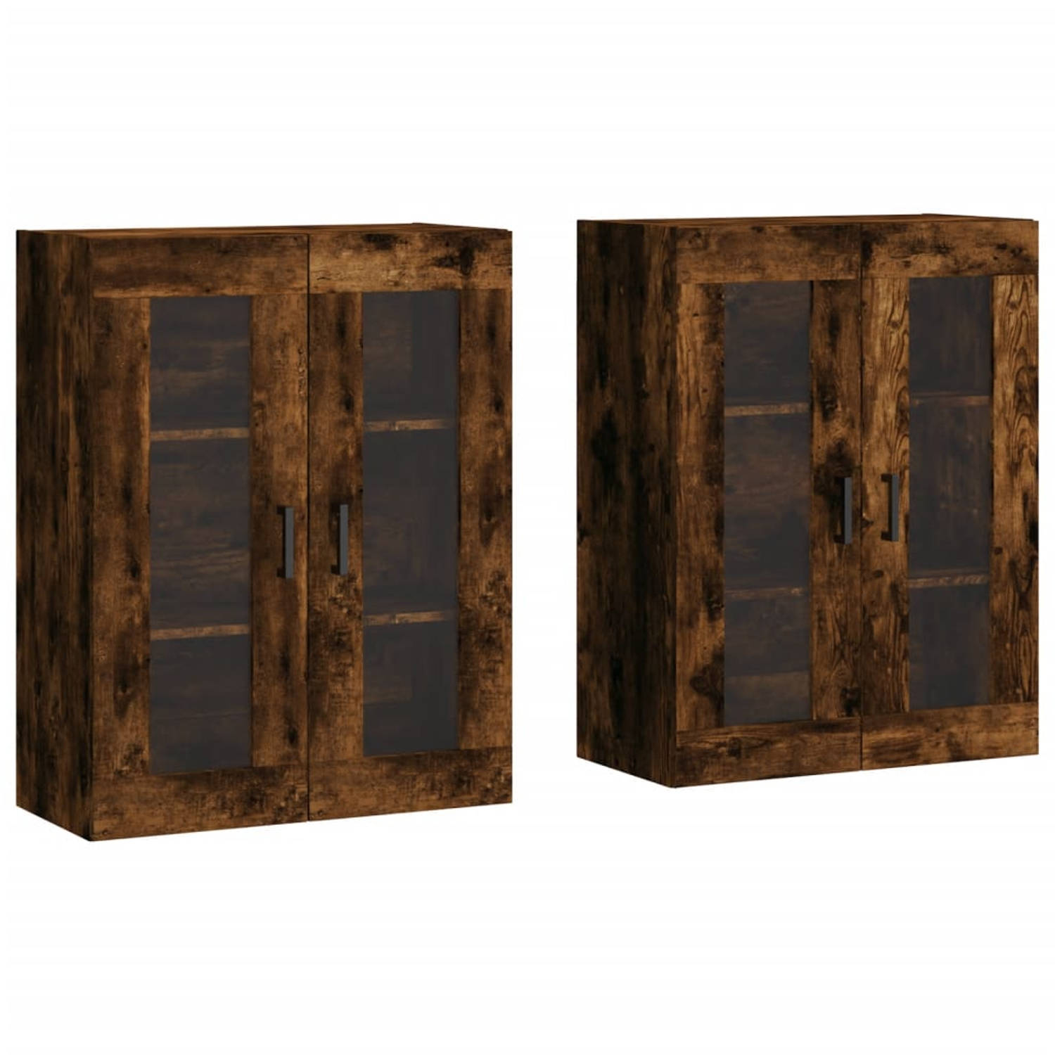 The Living Store Wandmeubel - Wandkast - Gerookt eiken - 69.5 x 34 x 90 cm - Bewerkt hout en glas - Set van 2