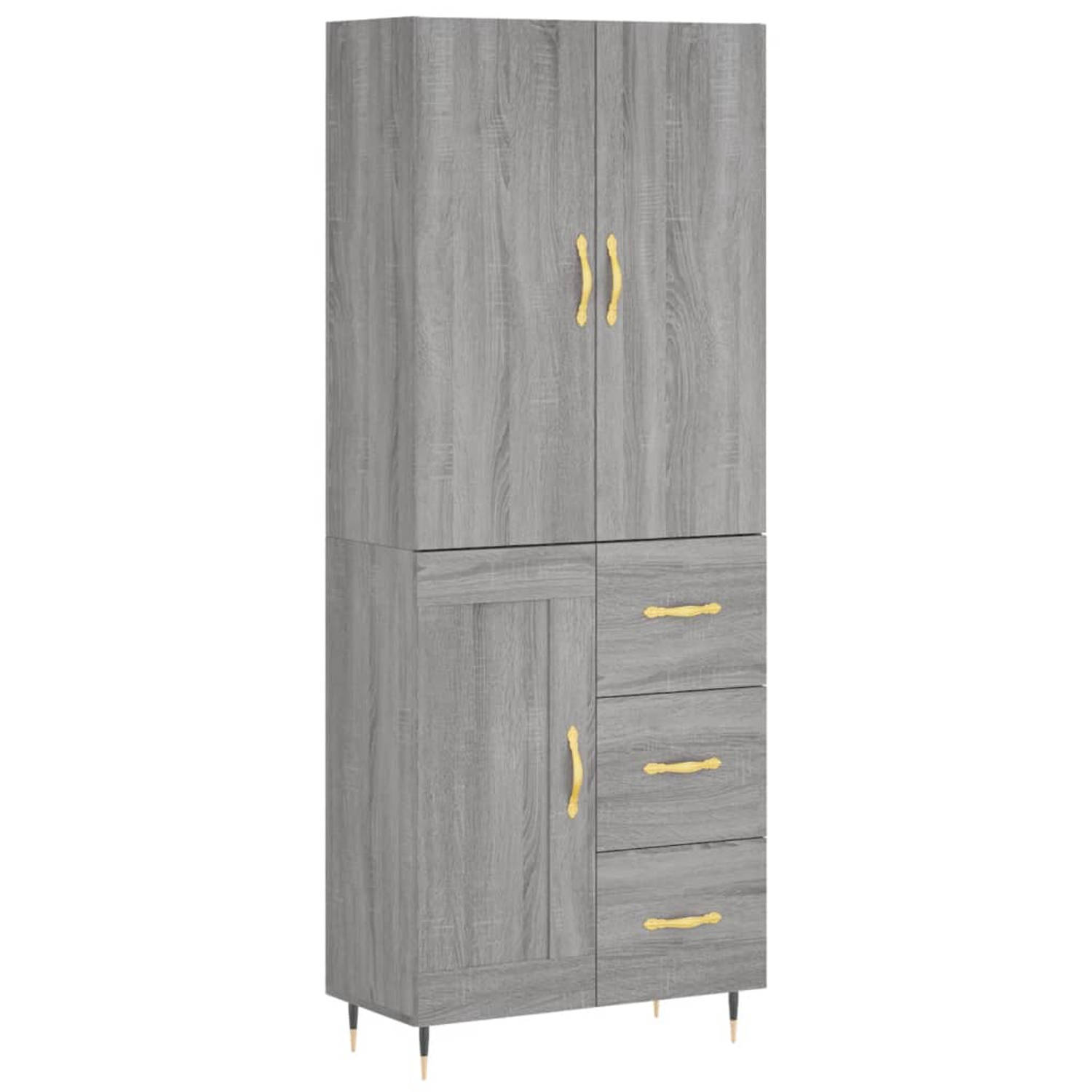 The Living Store-Hoge-kast-69-5x34x180-cm-bewerkt-hout-grijs-sonoma-eikenkleurig - Keukenkast