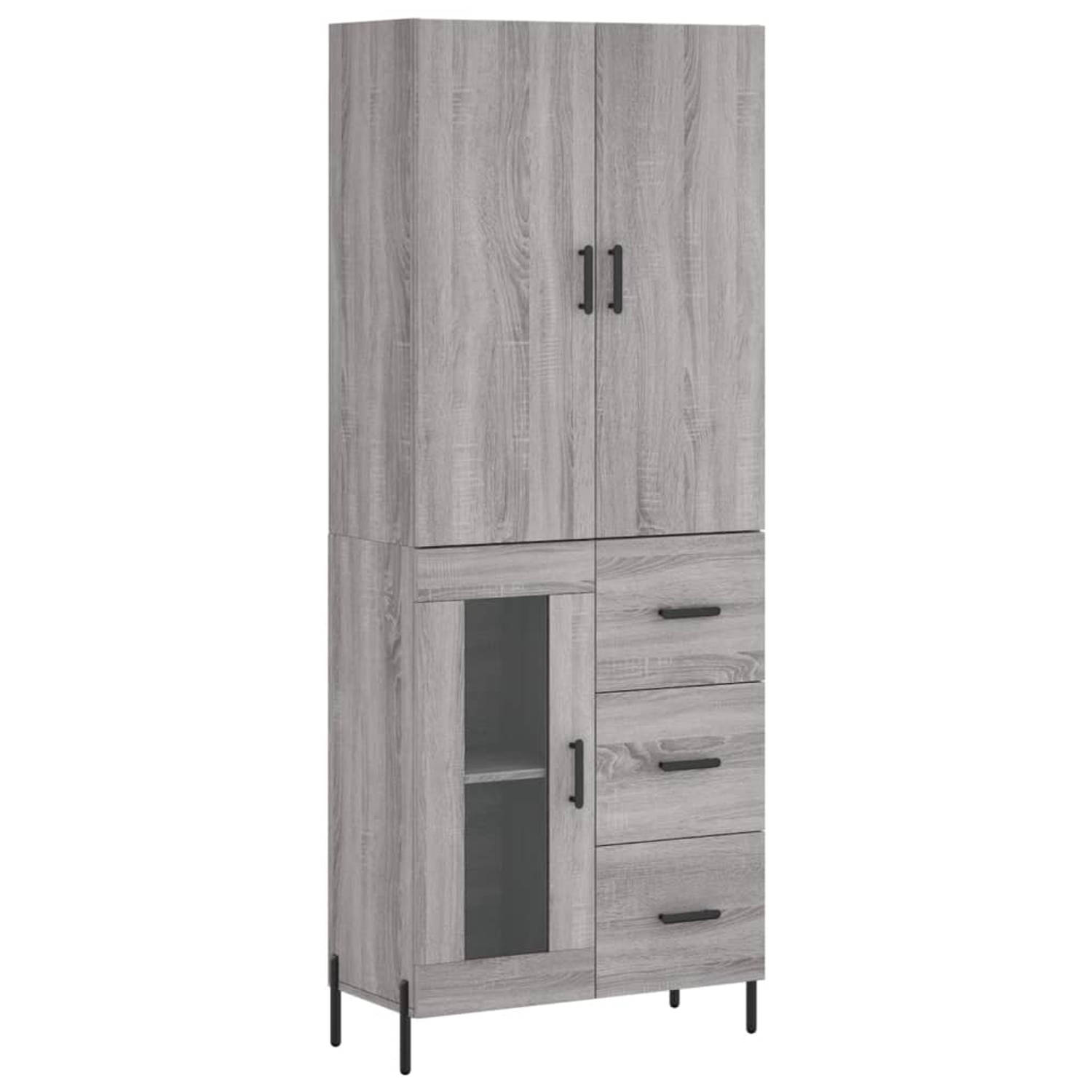 The Living Store-Hoge-kast-69-5x34x180-cm-bewerkt-hout-grijs-sonoma-eikenkleurig - Keukenkast