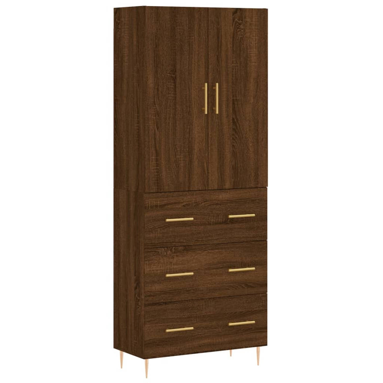 The Living Store-Hoge-kast-69-5x34x180-cm-bewerkt-hout-bruineikenkleurig - Keukenkast