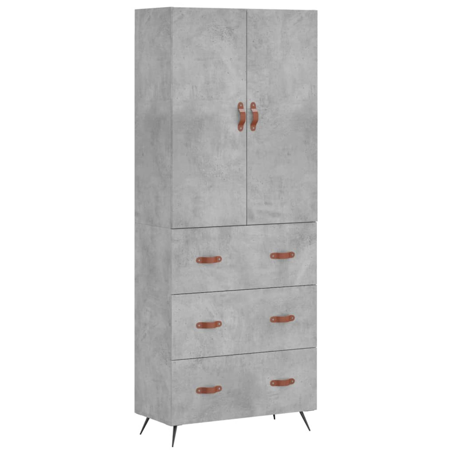 The Living Store-Hoge-kast-69-5x34x180-cm-bewerkt-hout-betongrijs - Keukenkast