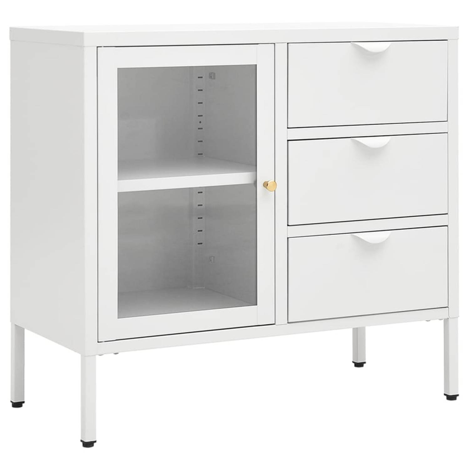 The Living Store Dressoir Staal en Gehard Glas - 75 x 35 x 70 cm - Verstelbaar schap - 3 Lades - Wit