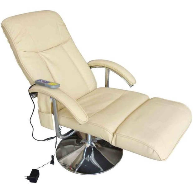 The Living Store Relaxfauteuil - Kunstleder - Massage en Verwarming - 66 x 96 x 102 cm - Crèmekleurig Zwart - Houten