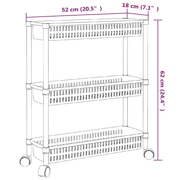 vidaXL Opbergtrolley 3 laags aluminium zilverkleurig en wit