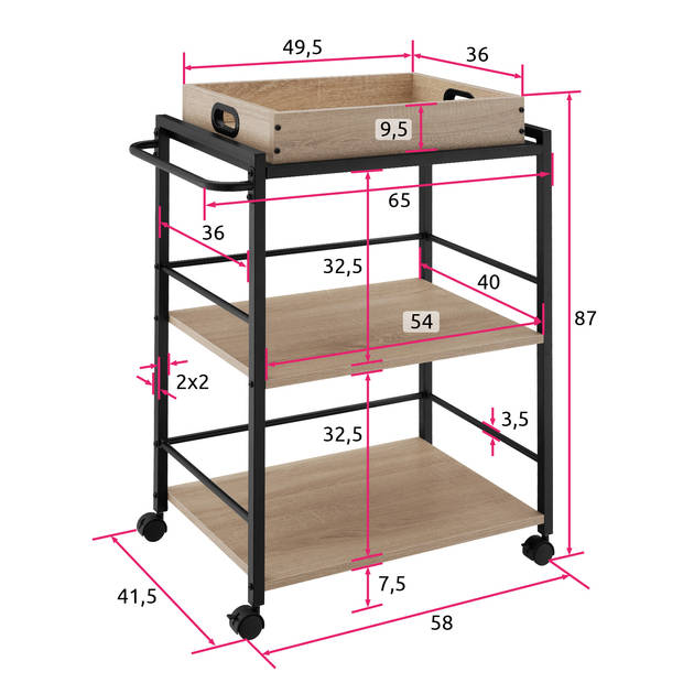 tectake - Serveerwagen Worcester 65x41,5x87cm - industrieel lichtbruin - 404759