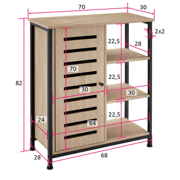 tectake® Dressoir Wandkast met 3 Vakken - 71x32x82 cm - Industrieel Design - Houten Ladekast met Zwart Metalen Frame