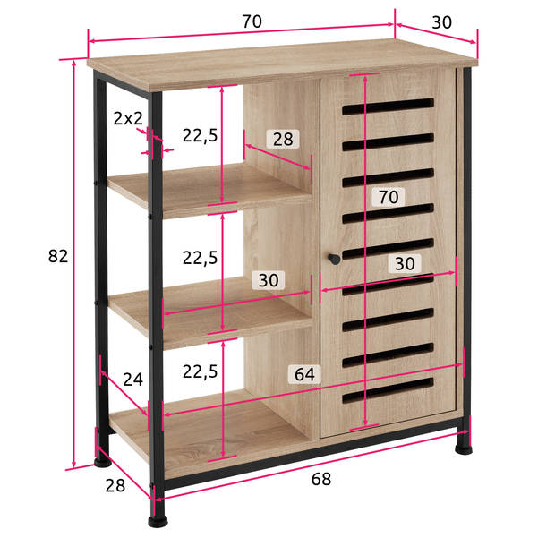 tectake® Dressoir Wandkast met 3 Vakken - 71x32x82 cm - Industrieel Design - Houten Ladekast met Zwart Metalen Frame