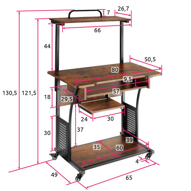 tectake - verrijdbaar Bureau Fife 80 x 65,5 x 130,5cm - industrieel donkerbruin - 404726