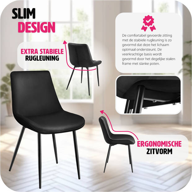 tectake - Set van 4 eetkamerstoelen Monroe Fluweellook - Zwart - 404936