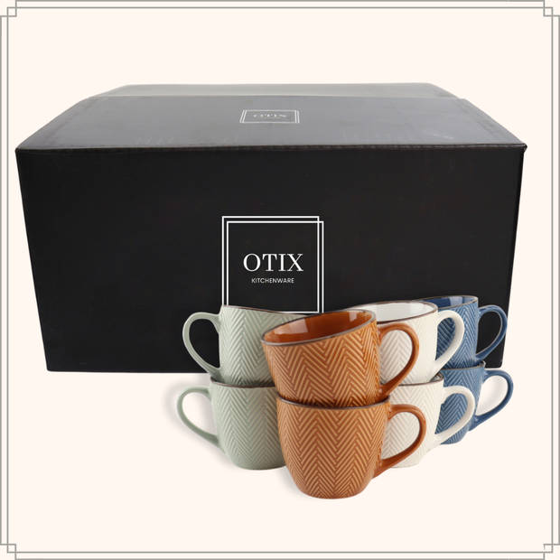 OTIX Koffiekopjes - met Oor - Koffietassen - Set van 8 - Theemok - Verschillende kleuren - Aardewerk - 250 ml - HEATHER