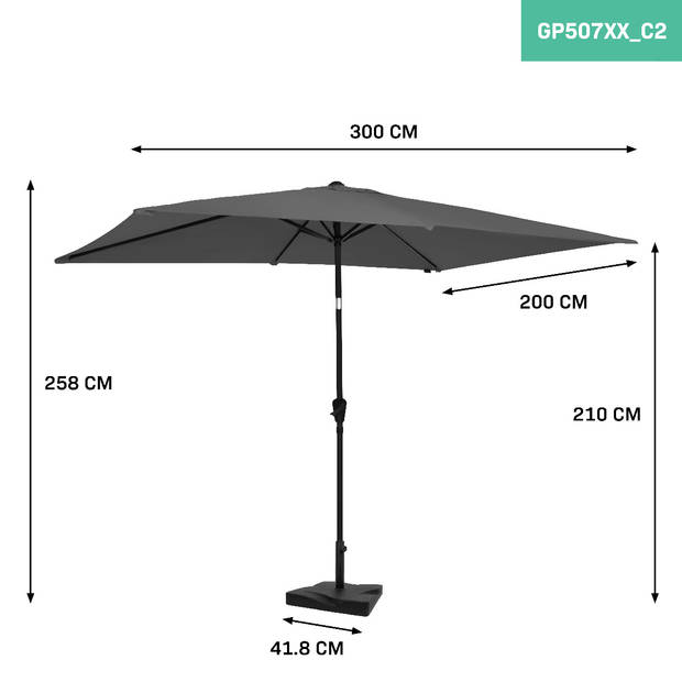 VONROC Parasol Rapallo 200x300cm – Premium parasol – grijs Incl. Parasolvoet 20 kg.