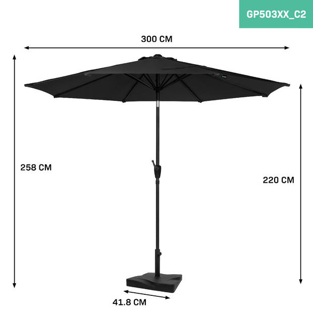 VONROC Premium Stokparasol Recanati Ø300cm – Incl. parasolvoet & beschermhoes - Ronde parasol - Kantelbaar – UV werend d