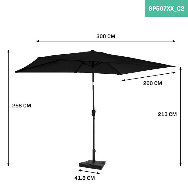 VONROC Parasol Rapallo 200x300cm – Premium parasol – antraciet/zwart Incl. Parasolvoet 20 kg.