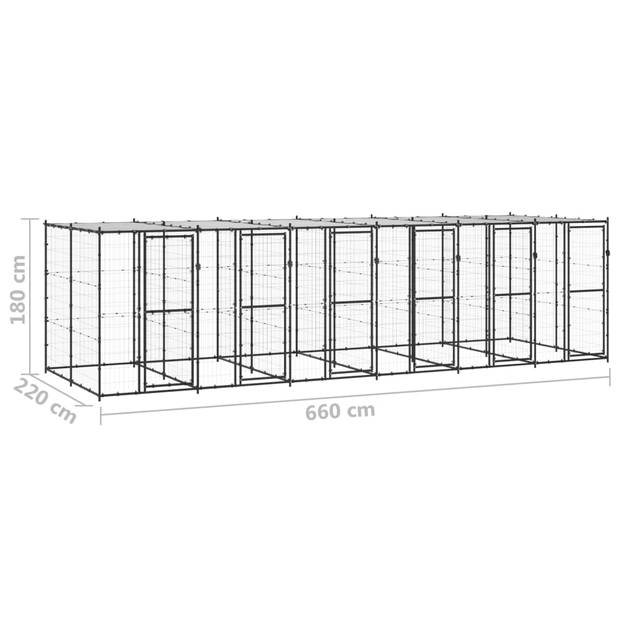 The Living Store Hondenkennel - Zwart/Zilver - 660 x 220 x 180 cm - Draadgaas - Staal - Met Dak en Deuren