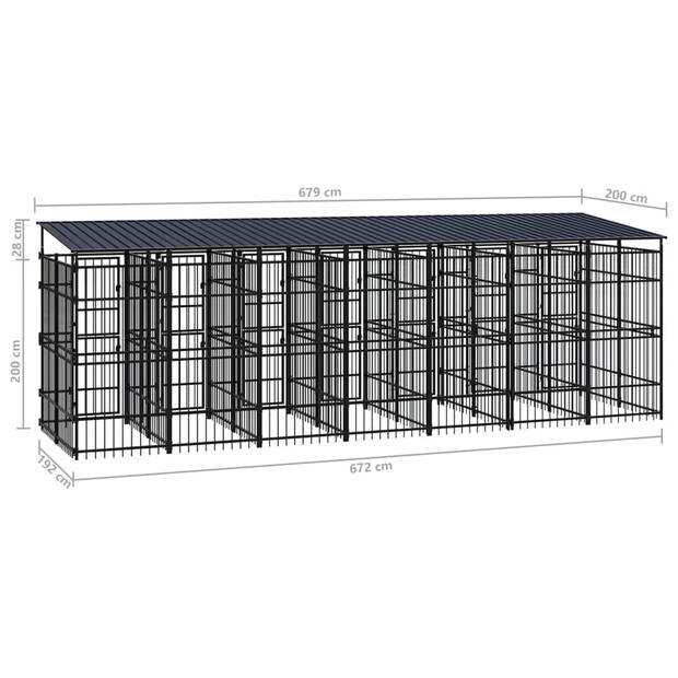 The Living Store Hondenkennel - Stalen stangen - 679 x 200 x 228 cm - Met dak en deuren - Zwart