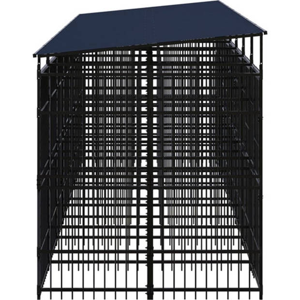 The Living Store Hondenkennel - Stalen stangen - 679 x 200 x 228 cm - Met dak en deuren - Zwart