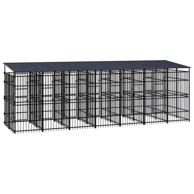 The Living Store Hondenkennel - Stalen stangen - 679 x 200 x 228 cm - Met dak en deuren - Zwart