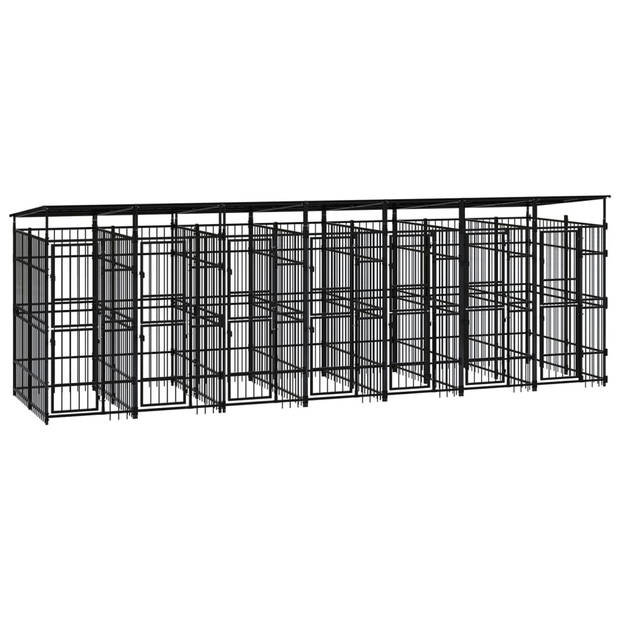 The Living Store Hondenkennel - Stalen stangen - 679 x 200 x 228 cm - Met dak en deuren - Zwart