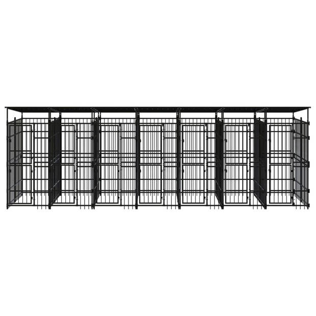 The Living Store Hondenkennel - Stalen stangen - 679 x 200 x 228 cm - Met dak en deuren - Zwart