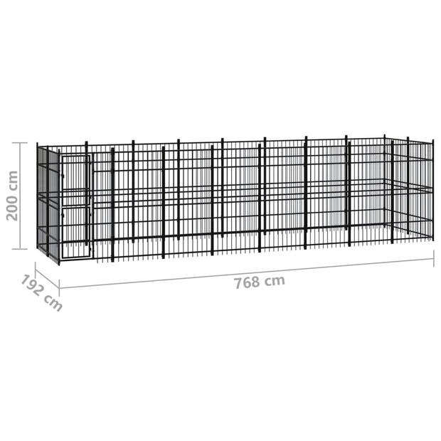 The Living Store Hondenkennel - zwart - gepoedercoat staal - 768 x 192 x 200 cm - met deur