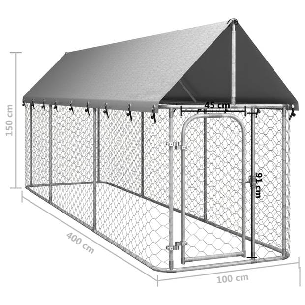 The Living Store Hondenkennel Groot - 400x100x150 cm - Gegalvaniseerd staal - Met dak - Zilver