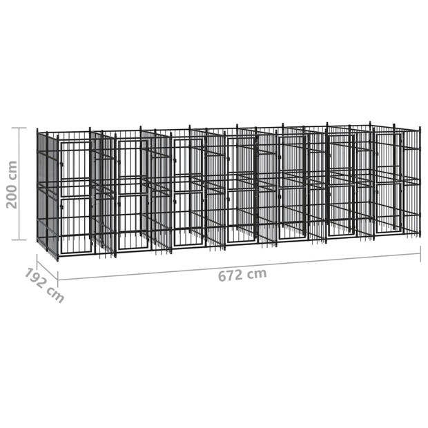 The Living Store hondenkennel - zwart gepoedercoat staal - 672 x 192 x 200 cm - Afsluitbaar vergrendelingssysteem