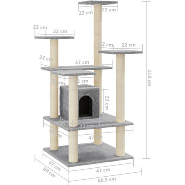 The Living Store Kattenboom - lichtgrijs - 60.5 x 60 x 110 cm - met huisje - krabpalen en platformen