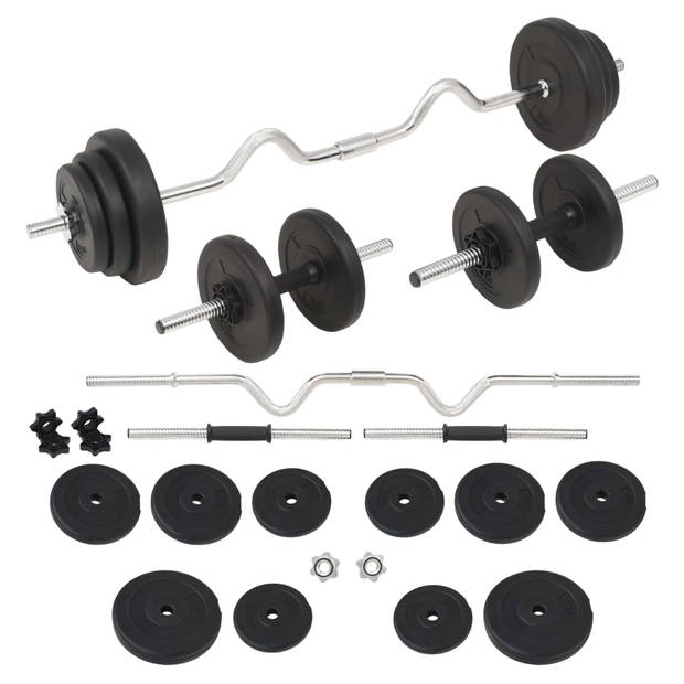 The Living Store Halterset - 30 kg - Cementen schijven - Zwart - Inclusief halterstang en dumbbell halters