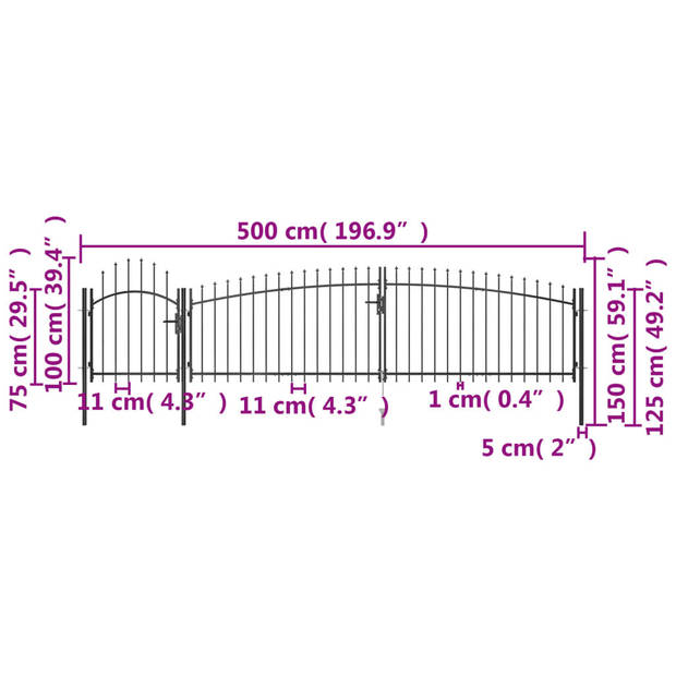 The Living Store Poort - Staal - 5x1.5m - Zwart - Inclusief palen - scharnieren