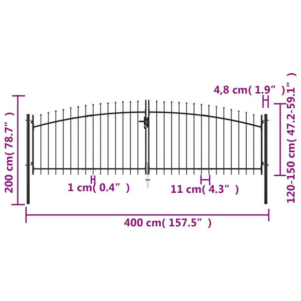 vidaXL Hekpoort dubbele deur met speren bovenkant 400x200 cm