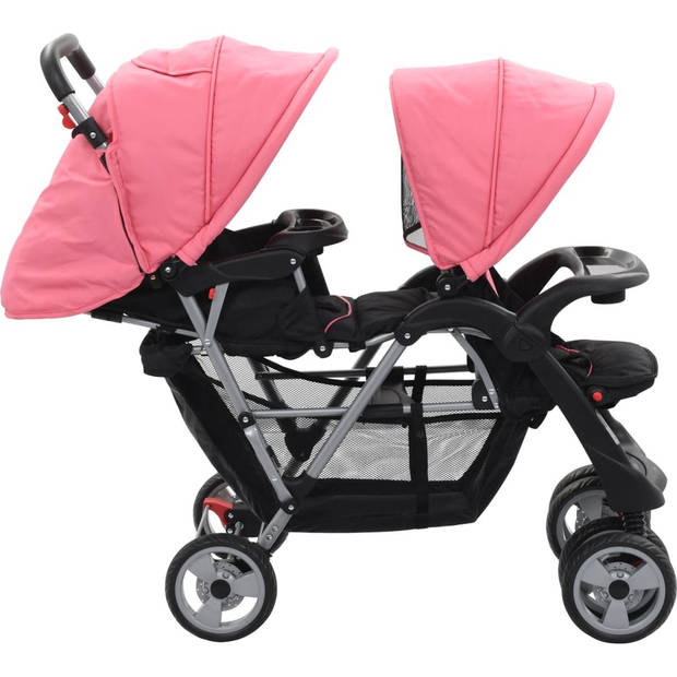 The Living Store Dubbele Kinderwagen - Staal - Oxford Stof - 122.5x53.5x111 cm (LxBxH)