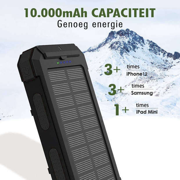 Solar Powerbank - 10.000 mAh - Zonne-energie - 3 Poorten - USB-C Fastcharge en draadloos opladen - Zwart