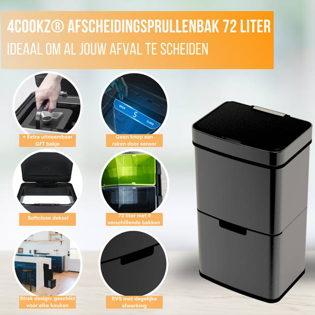 4cookz® Smart Waste Grey Prullenbak Afvalscheiding met sensor 72 liter