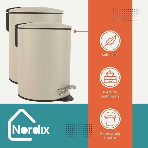 Nordix Pedaalemmer - 3 Liter - 2 stuks - Badkamer - Toilet - Beige - Metaal