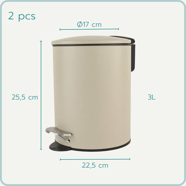 Nordix Pedaalemmer - 3 Liter - 2 stuks - Badkamer - Toilet - Beige - Metaal