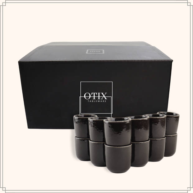 OTIX Espresso Kopjes - Set van 12 - 100 ml - Zonder Oor - Zwart - Aardewerk