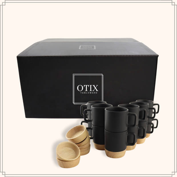 OTIX Espresso Kopjes - Zwart - Koffiekopjes - Set van 12 - 120 ml - met Bamboe - Onderzetter