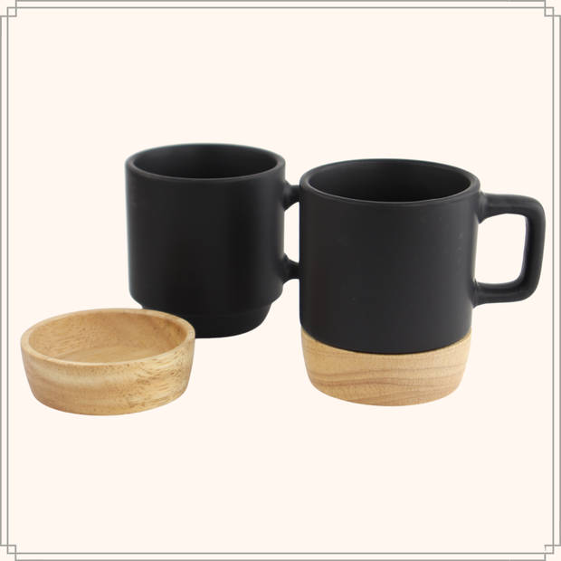 OTIX Espresso Kopjes - Zwart - Koffiekopjes - Set van 12 - 120 ml - met Bamboe - Onderzetter