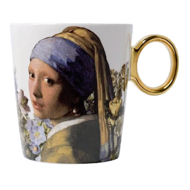 Mok Het meisje met de parel Pastel met gouden Oortje Heinen Delfts Blauw Souvenir - moederdag - cadeauverpakking