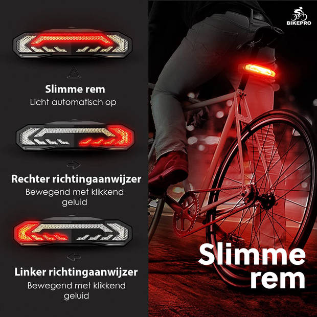 BikePro Fiets Achterlicht 2.0 met Alarm en Richtingaanwijzer - IP54 Waterdicht - USB Oplaadbaar