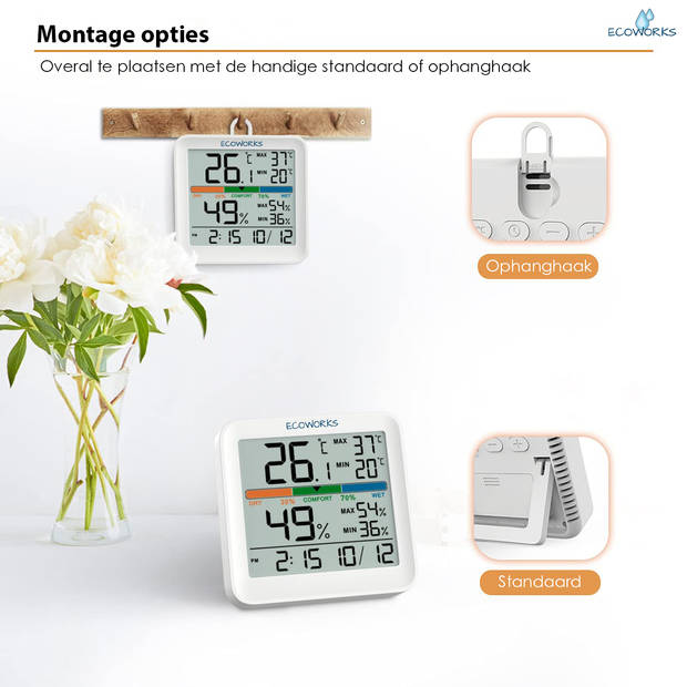 Ecoworks Weerstation Hygrometer Incl. Batterijen - Met Achtergrondverlichting - Luchtvochtigheidsmeter - Thermometer