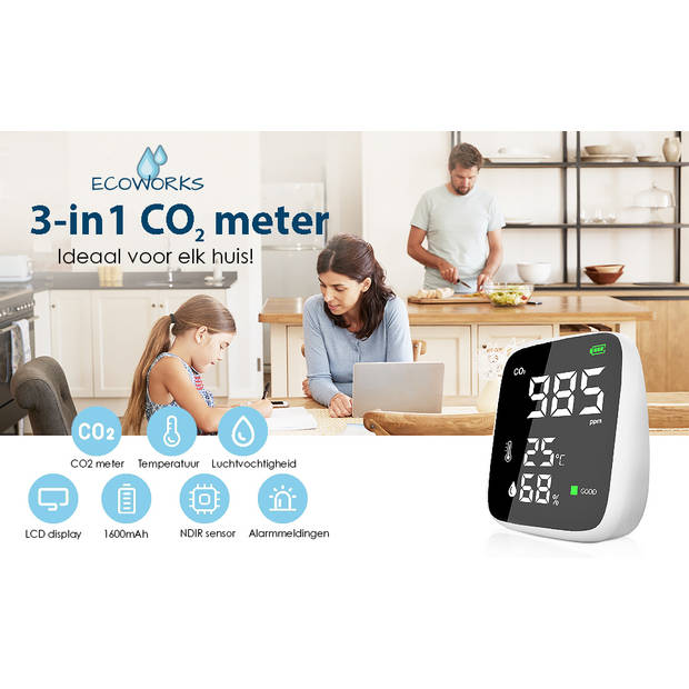 Ecoworks 3-in-1 CO2 Meter voor Binnen - Draadloos - Luchtkwaliteitsmeter - CO2 Melder - CO2 Monitor