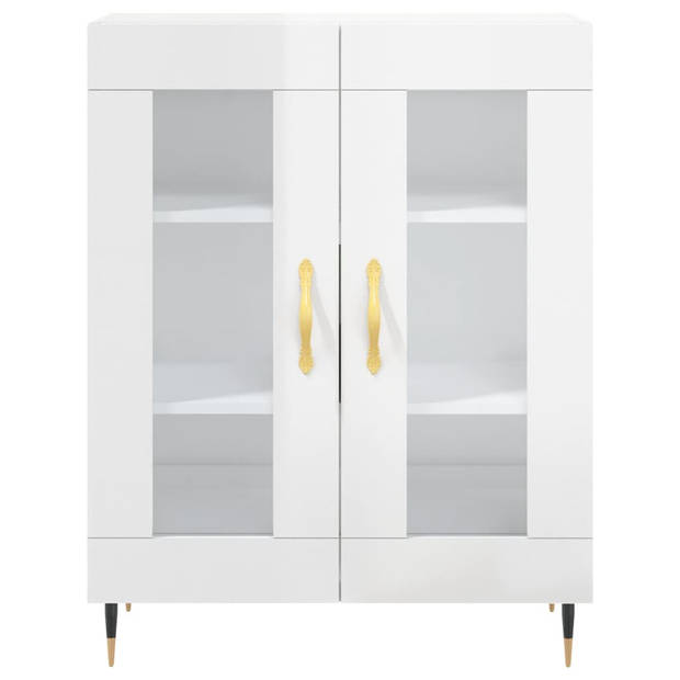 The Living Store Dressoir - Hoogglans wit - 69.5x34x90cm - Glas ontwerp - Metalen voeten