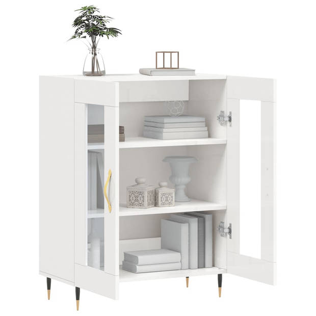 The Living Store Dressoir - Hoogglans wit - 69.5x34x90cm - Glas ontwerp - Metalen voeten